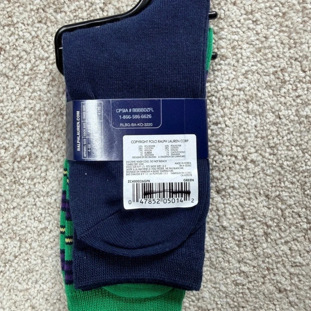 Ralph Lauren Girls 2 Pack Crew Socks Navy Green Striped Pony Logo Size 8-9.5 NEW